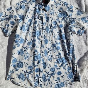 Jared Lang Men XL Short Sleeve Button Collared Dress Shirt Top White Blue Flower
